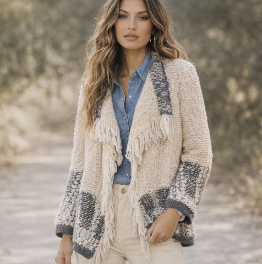 John Mark Fringe Cardigan Marled Wool Blend Sweater Cream/Grey Boho Size M